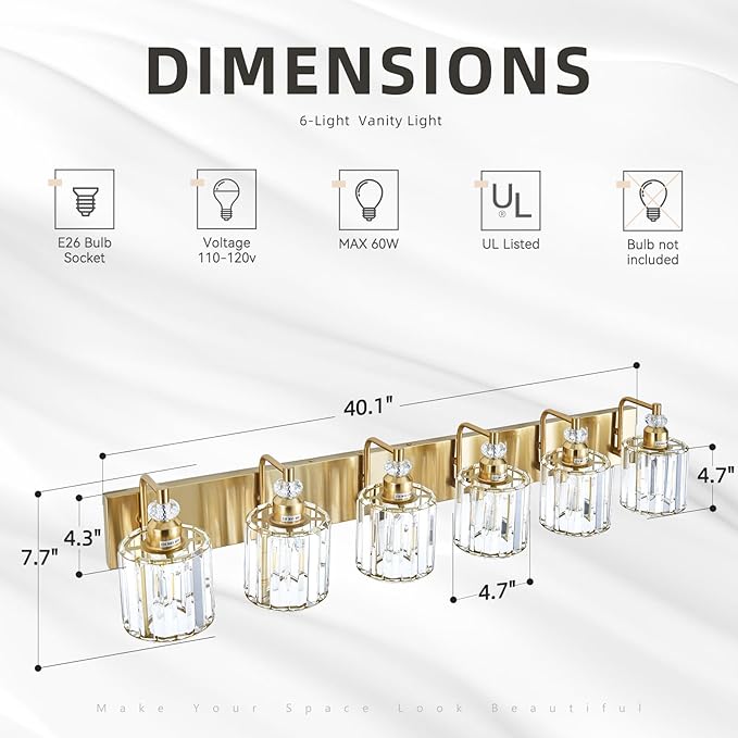 6-Light Modern Vanity Lights Brushed Brass Bathroom Light Fixtures Over Mirror Gold Bathroom Vanity Lighting with Crystal Shade E26 Base Wall Sconce for Bedroom Living Room Restroom Wall Lamp