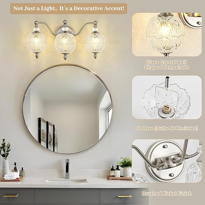 Brushed Nickel Bathroom Vanity Light, 3-Light Mid Century Modern Brushed Nickel Finish Wall Sconce with Globe Glass Shades, Modern Mirror Light for Bathroom, Powder Room