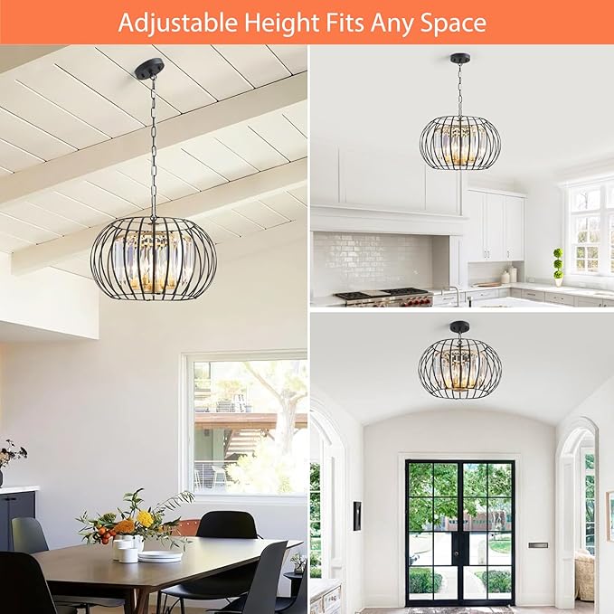 17.7" Modern Crystal Chandelier Black and Gold Drum Pendant Lighting Fixture Round Rustic Metal Shade 4-Light for Dining Room Living Room Bedroom Hallway