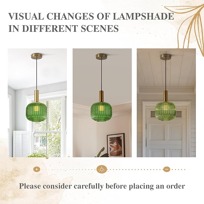 BOKT Mid Century Green Glass Pendant Lights 2-Light Mini Globe Ceiling Pendant Light Ribbed Glass Pendant Light Gold Finish Hanging Light Fixture for Kitchen Island Foyer
