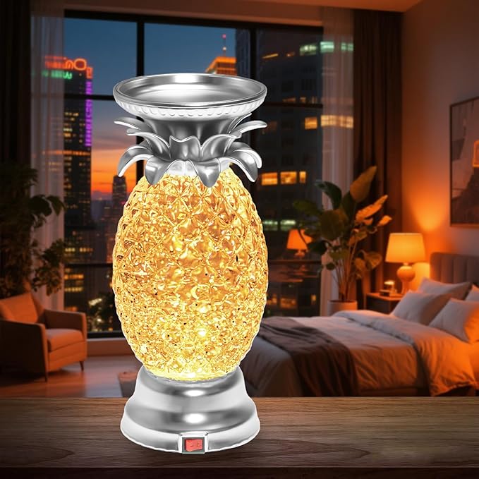 YAKii 9.5" Pineapple LED Color Changing Shine Lamp,Swirling Water Waves Lamp Kid Safe Battery/USB Cable Operated,Table Lamp Candle Holder Night Lights Decoration Matte Silver(Pack of 2)