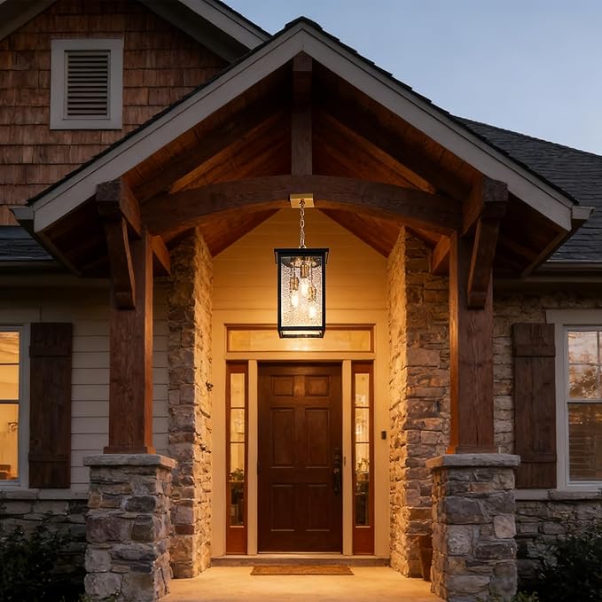 Outdoor Pendant Light Fixture, 3-Light Vintage Black & Brushed Brass Farmhouse Exterior Hanging Lights with Hammer Glass Adjustable Chain, Outdoor Hanging Lantern for Porch Entrance Foyer Front