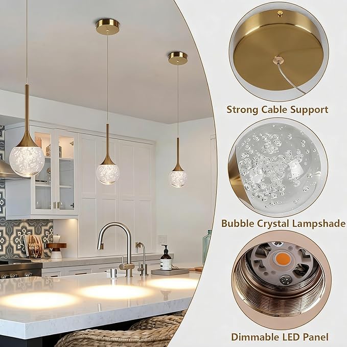 Brushed Brass Crystal Pendant Lights, Globe Bubble Crystal Ceiling Hanging Light Fixture, Dimmable LED Light Fixture for Kitchen Island Dining Room Bar Bedroom, 3000K