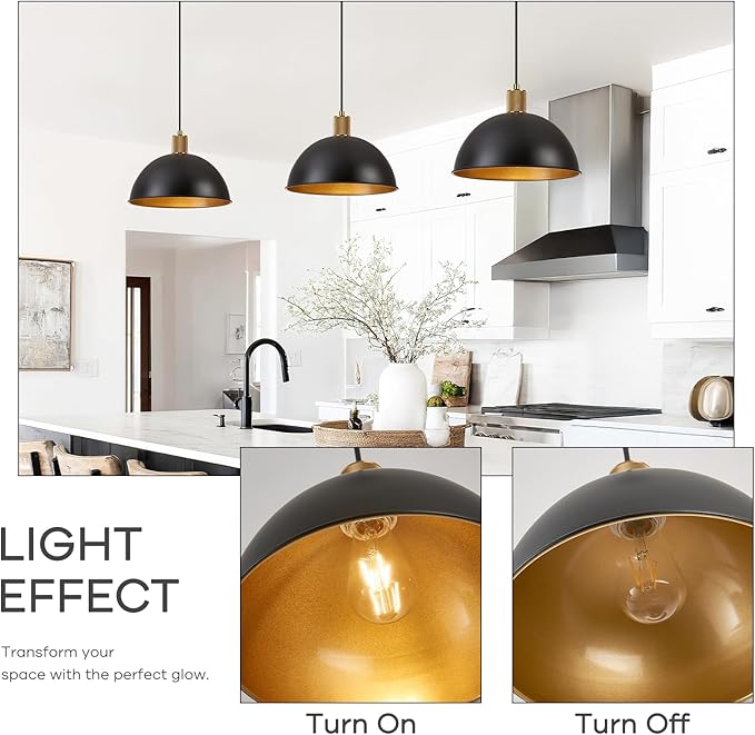 12 Inch Black Dome Pendant Lights 2 Pack for Kitchen Island, Height Adjustable Farmhouse Industrial Hanging Light Fixtures Over Table for Dining Room, Entryway