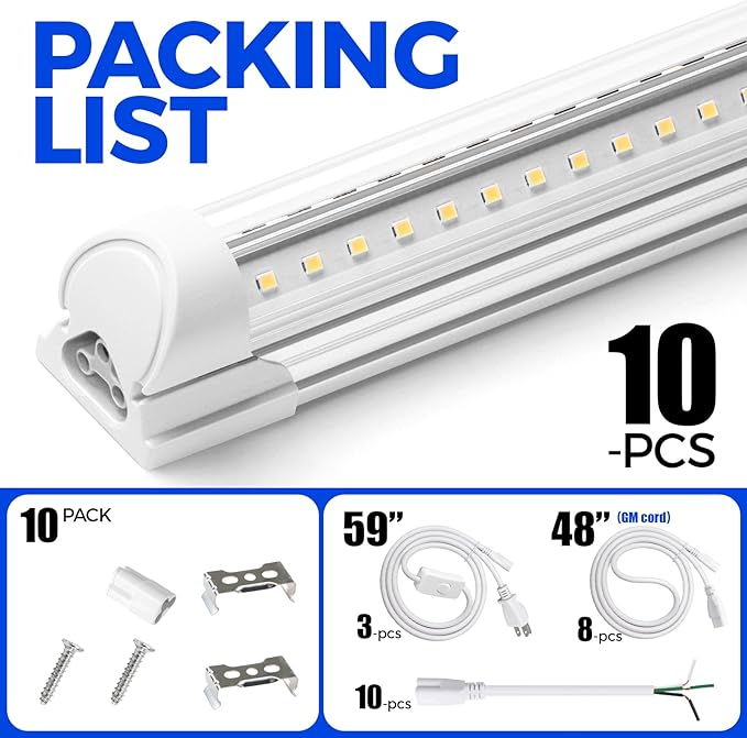 Barrina T8 LED Shop Light 5FT, 50W 6500LM 6500K, Clear Cover, Garage LED Lights Ceiling, V-Shape LED Light Fixture, Work Shop LED Lights for Garage, Warehouse, Basement, ETL Listed, 10 Packs