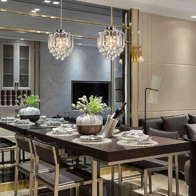TFCFL 2 Pcs Chrome Crystal Ceiling Pendant Light, Crystal Beads Ceiling Hanging Light Fixture Pendant Light Lamp Chandelier Adjustable Height for Kitchen Island Dining Room Dining Hall