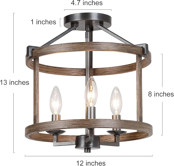 LALUZ Faux Wood Farmhouse Semi Flush Mount Ceiling Light Fixture for Bedroom, Hallway, Kitchen, Dining & Living Room and Foyer