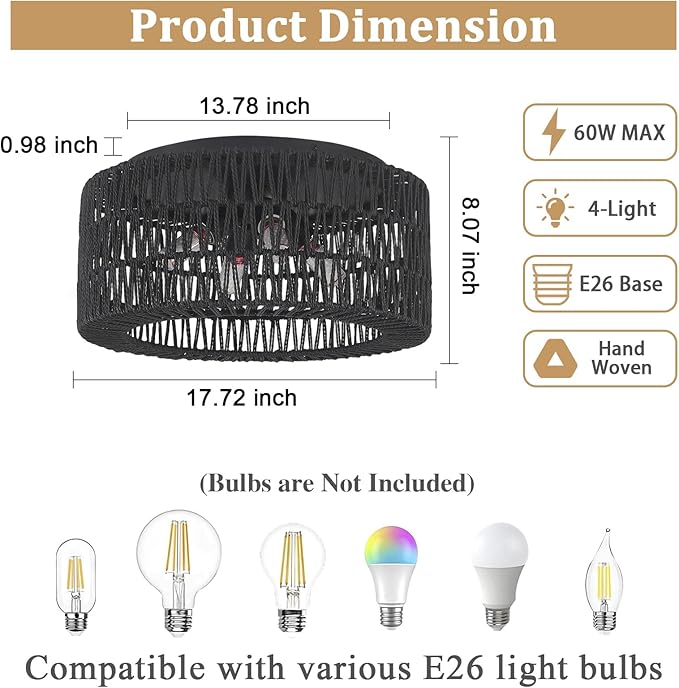 Rattan Light Fixtures Ceiling Mount,4-Lights Boho Flush Mount Ceiling Light with Hand-Woven Shade, 18''Rattan Farmhouse Chandelier for Hallway Bedroom Kitchen Farmhouse Foyer Entryway (Black)