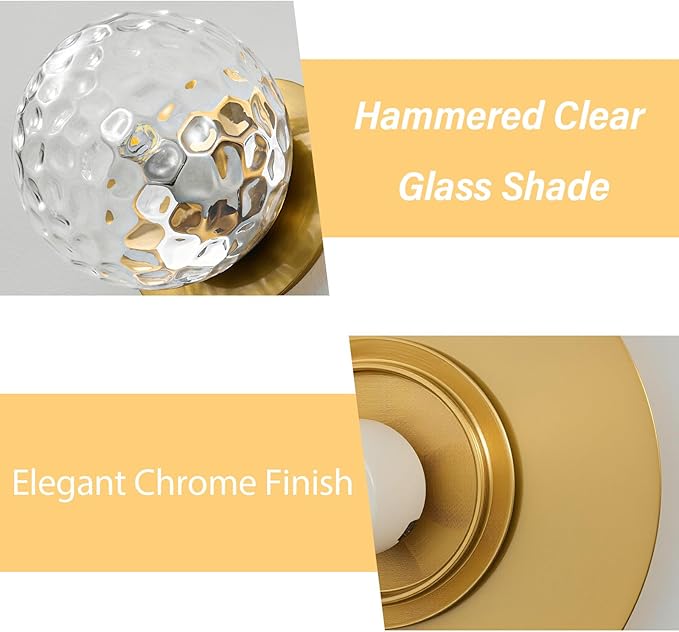 Modern Glass Globe Wall Sconce: Gold Spherical Sconces Light with Hammered Clear Glass Shade - Small Brass Vanity Single Ball Lights Fixture - Contemporary Wall Mounted Lamp for Bedroom Living Room
