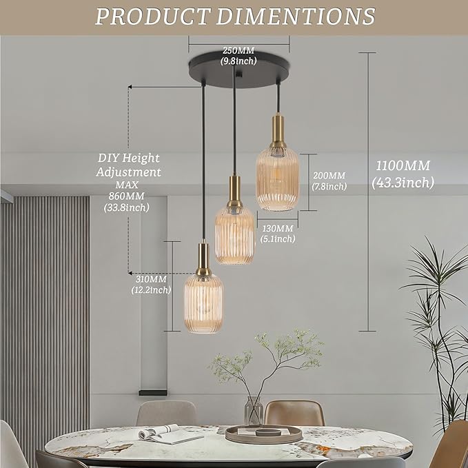 FRIXCHUR 3-Light Pendant, Mid Century Style Glass Shades with E26 Sockets, Adjustable Retro Pendant Light with Gold Accents, Ideal for Kitchen Islands and Living Rooms (Amber)