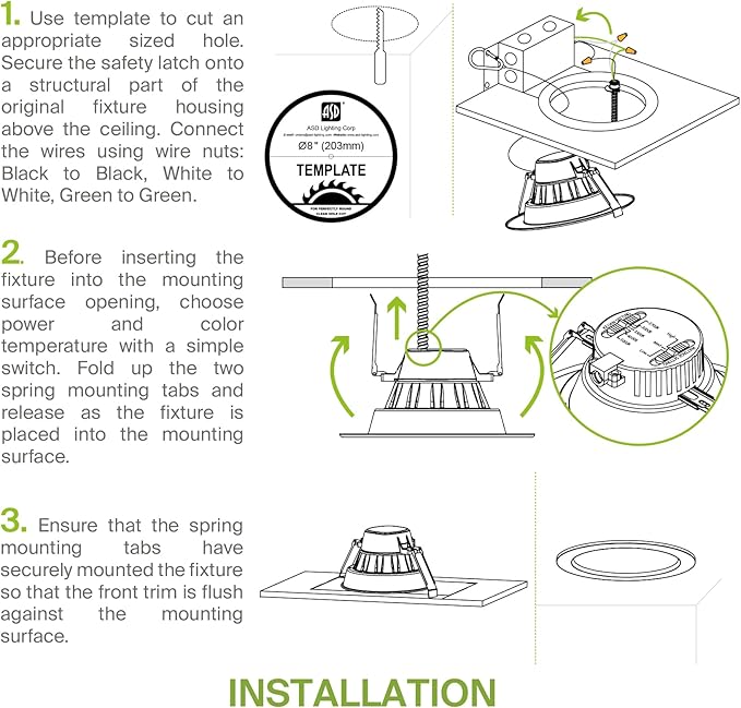 ASD 8 Inch Commercial Canless LED Downlight, Power Adjustable 12/20/30W Lighting, Round Dimmable Recessed Ceiling Light Fixture, 5 Color Temperatures 2700K-5000K, 120-277V IC Rated UL & Energy Star