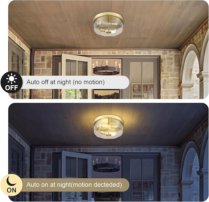 Motion Sensor Ceiling Light Indoor, 2-Light Hallway Lighting Fixtures with Motion Sensor Flush Mount, Modern Farmhouse Ceiling Lamp Clear Glass for Kitchen Porch Entryway Brushed Gold