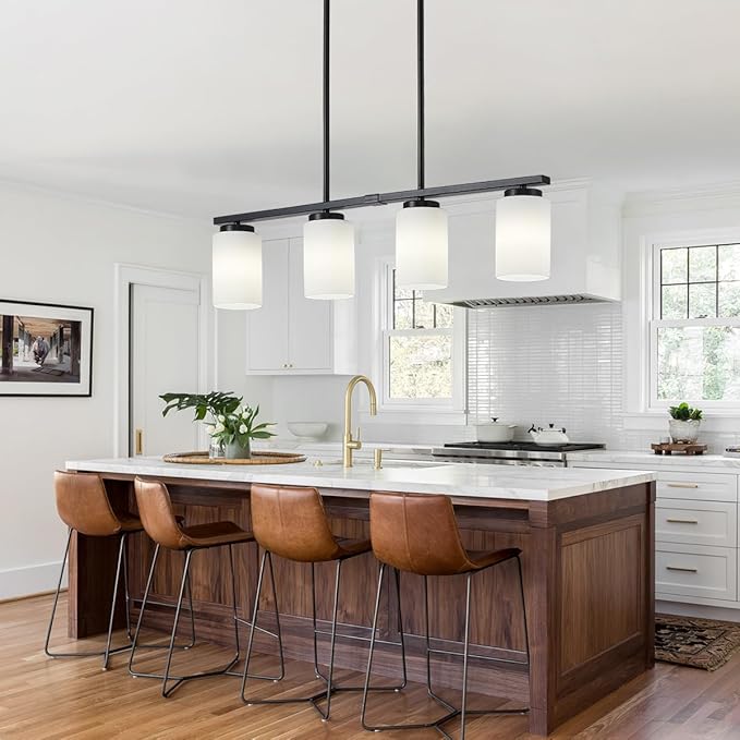 Modern Island Lights for Kitchen, Black Dining Room Light Fixtures, 4-Light Farmhouse Linear Chandeliers Over Table White Frosted Glass Adjustable Hanging Light Kitchen Pendant Lighting Over Island