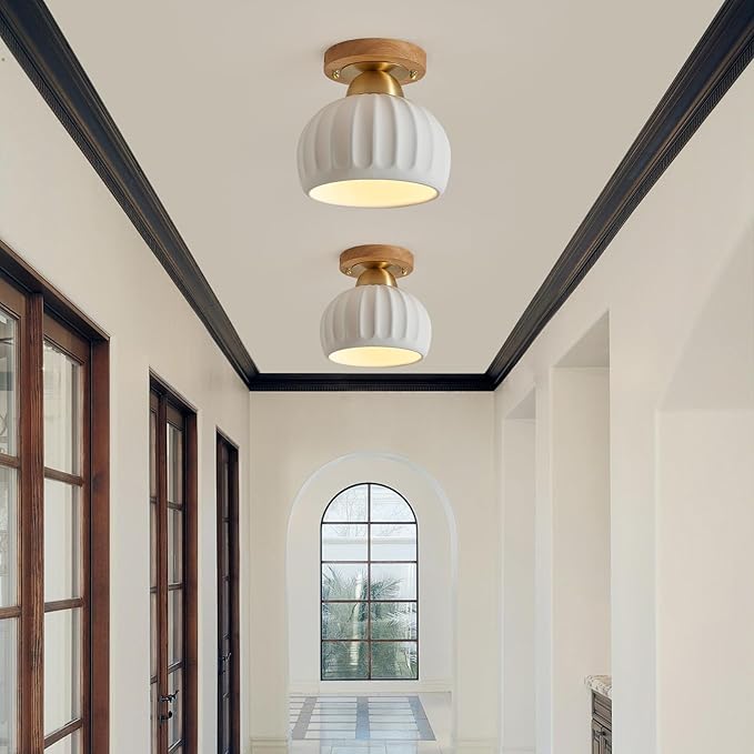2 Pack Ceramic Wood Brass Semi Flush Mount Ceiling Light Vintage Hallway Light Fixtures, Modern Small Ceiling Mount Light Lamp for Hall Kitchen Entryway Passway Porch Foyer
