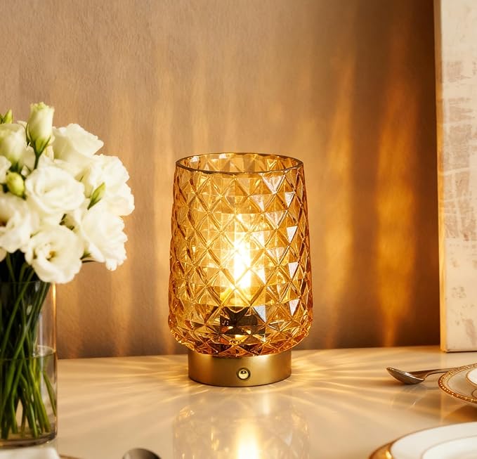 MJ PREMIER Cordless Rechargeable Table Lamp, Dimmable Portable Night Light with Diamond Facet Design, 1800mAh Battery Operated Lamp for Bedside Patio Outdoor Home Decor Emergency Gift for Women Yellow