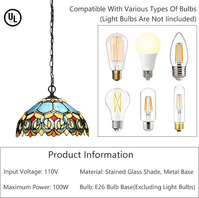 Tiffany Pendant Light Plug in Stained Glass Hanging lamp 12X12X181 Inch Hanging Lamp Living Room Bedroom Kitchen Dining Room Office（Blue Baroque Style