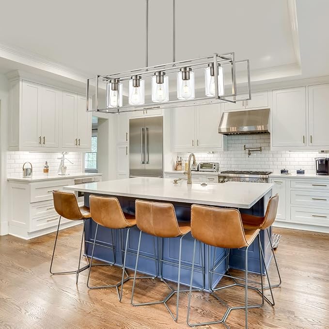Kitchen Island Lighting Brushed Nickel Industrial 5-Light Chandeliers Farmhouse Dining Room Rectangular Pendant Light Fixtures with Clear Glass Shades