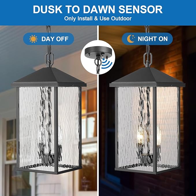 Large Outdoor Pendant Light Black Hanging Light Fixture Ceiling Mount 2-Light Dusk to Dawn, Modern Large Outdoor Chandelier Exterior Pendant Lights with Water Ripple Glass for Porch Patio