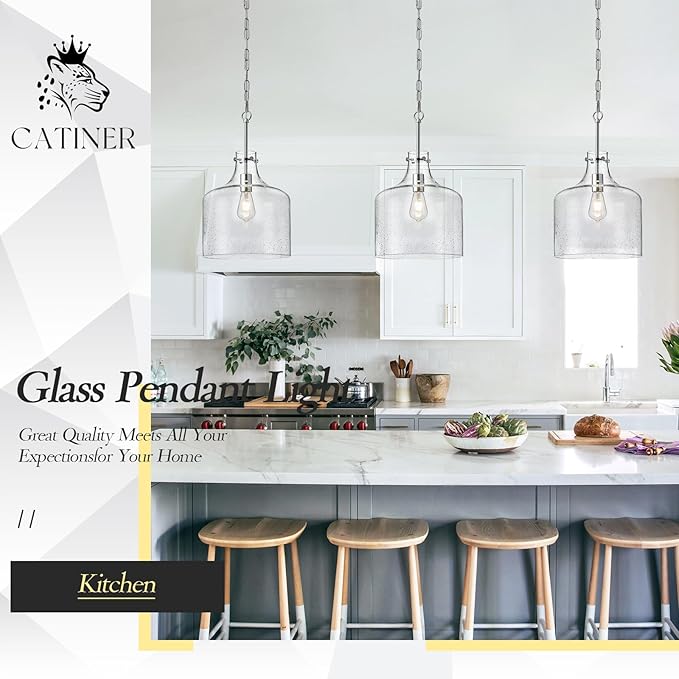 CATINER 12" Chrome Seeded Glass Pendant Light, Modern Farmhouse Hanging Ceiling Light Fixture for Kitchen Island, Dining Room, Hallway, Hand-Blown Bubble Glass Shade, E26 Dimmable Pendant Lighting