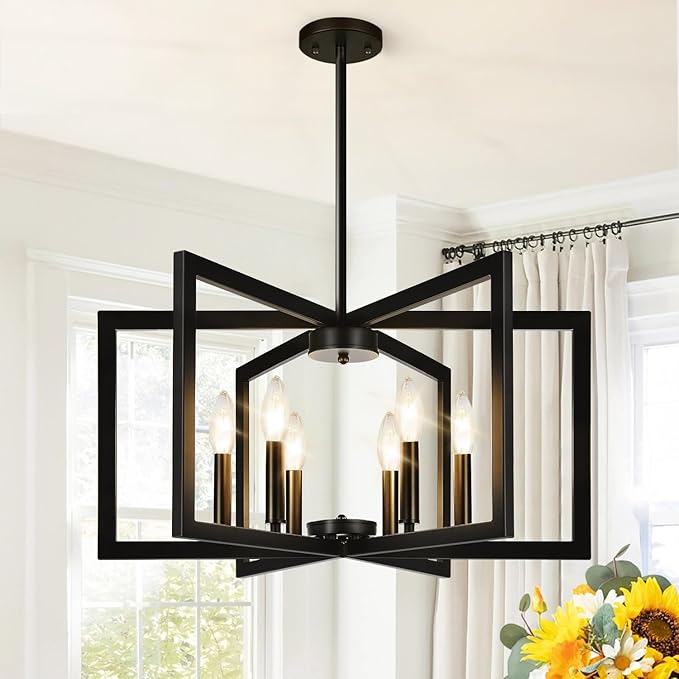 25" Modern Matte Black Chandelier for Dining Room, No Assembly Required Black Dining Room Light Fixture Over Table, Industrial Metal Hanging Pendant Lights Fixture for Kitchen Island, Entryway, Foyer