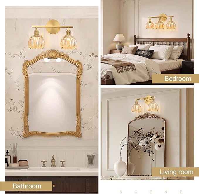 Gold Bathroom Light Fixtures Over Mirror, 2 Light Bathroom Vanity Light Fixture with Tulip Amber Glass Lampshade, Vintage Vanity Lights for Bathroom, Bathroom Vanity Lights Over Mirror