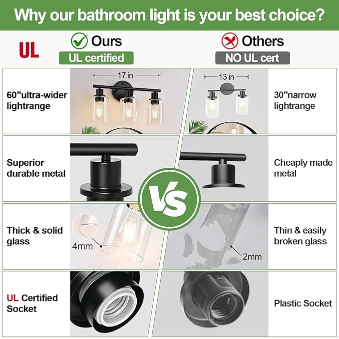 Zarbitta 3-Light Bathroom Light Fixtures, 17.23" Black Modern Vanity Lights with Clear Glass Shade, Bathroom Wall Lamp for Mirror Kitchen Living Room Hallway Cabinet Porch