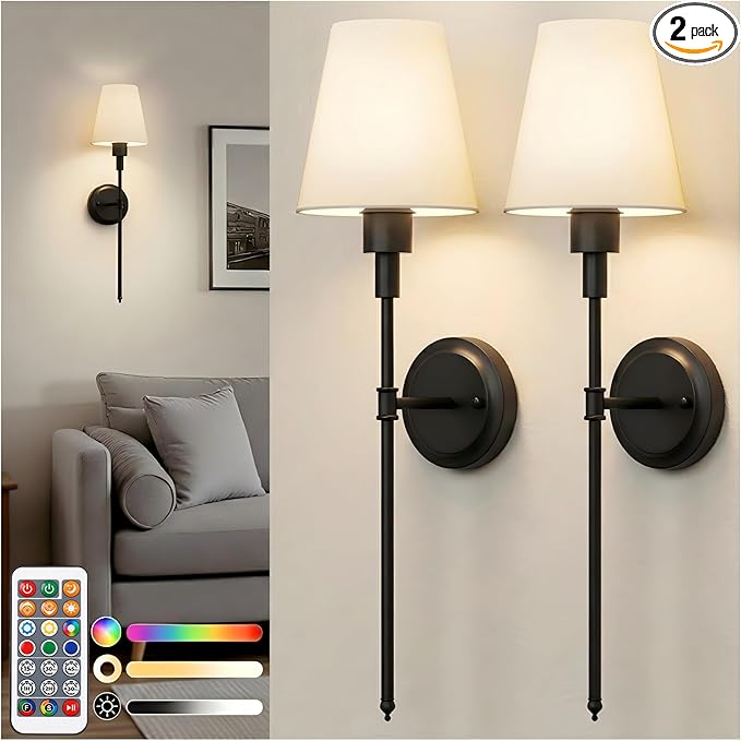 DORESshop Battery Operated Wall Sconce Set of 2, Wireless Wall Light Easy to Install, 15 Color Rechargeable Wall Sconces, Sconce Wall Decor Set of 2 for Bedroom, Living Room, Black, 24.6in