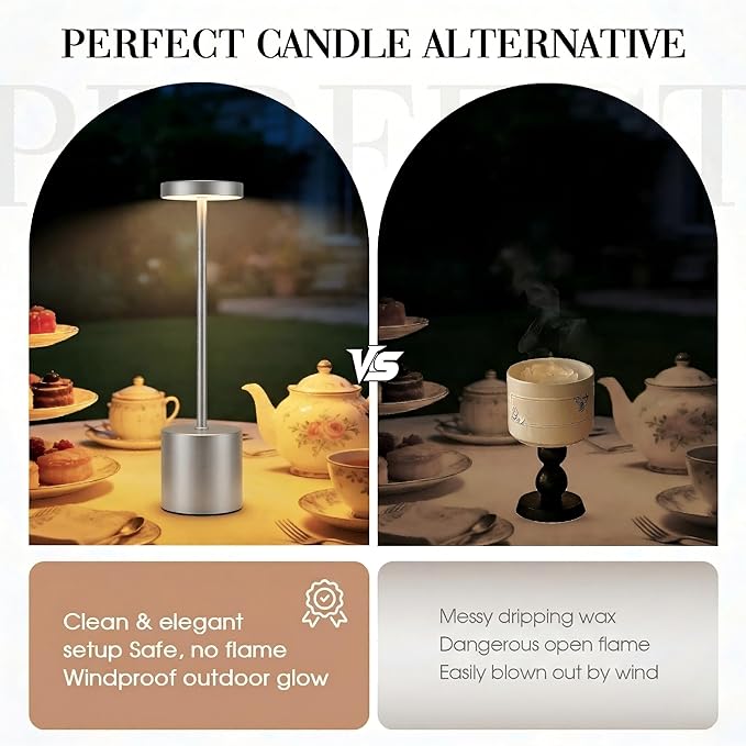 Silver Cordless Table Lamp Set of 2, 5000mAh Rechargeable Lamp with Touch Control & Stepless Dimming, 3 Light Modes, IP54 Waterproof Portable Light for Dining Table, Patio, Bathroom, Power Outage