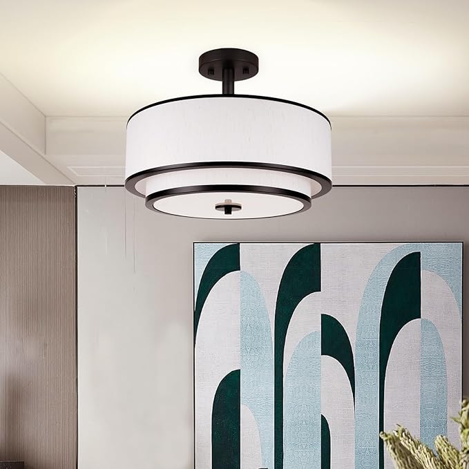 3-Light Semi Flush Mount Ceiling Light, 16" Drum Light with White Fabric Shade, Modern Close to Ceiling Lamp for Living Room Bedroom Dining Kitchen Hallway Entry (Matte Black)