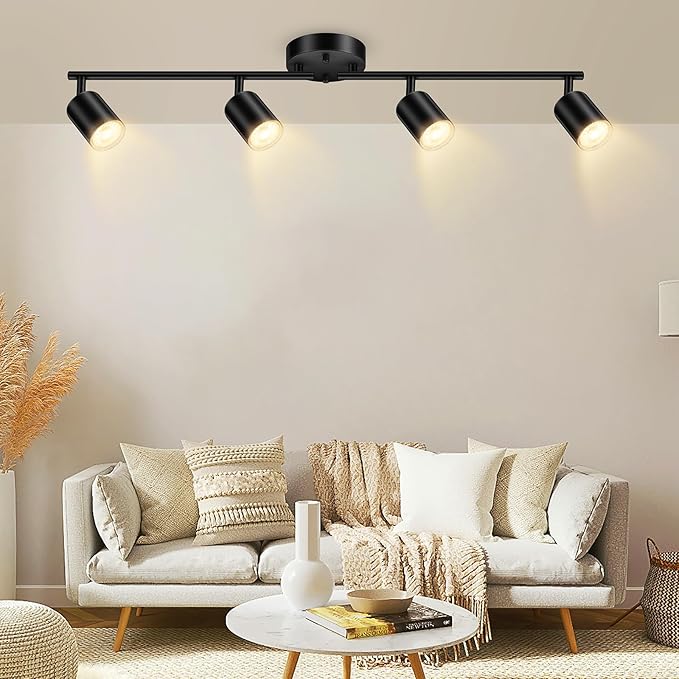 Track Lighting Fixtures Ceiling Black, Kitchen Lighting Fixture, 30" 4-Light Track Light Kit, LED Wall Spotlights with Rotatable Heads, Ceiling Lights for Sink Bathroom(GU10 Socket, No Bulb)