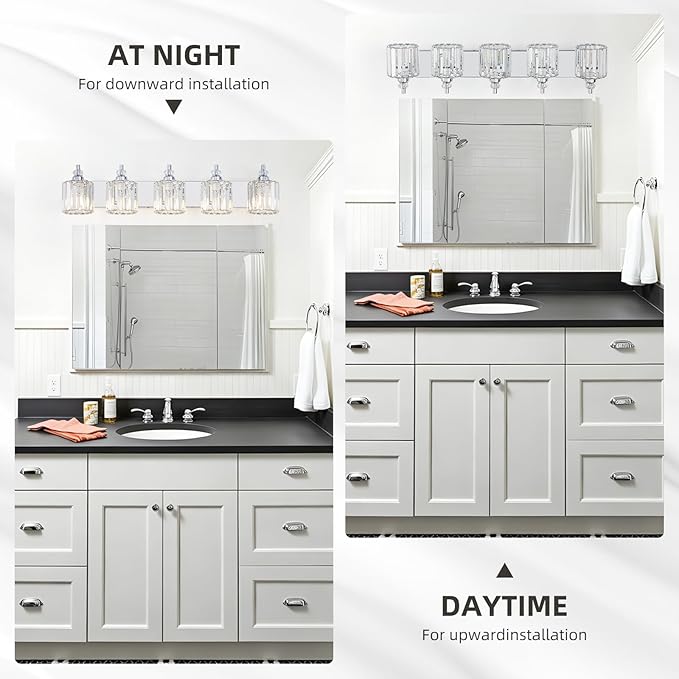 5-Light Modern Bathroom Light Fixture Chrome Bathroom Vanity Lights Over Mirror Wall Sconce Lighting with K9 Crystal Shades E26 Base for Bedroom, Living Room, Hallway Wall Lamp