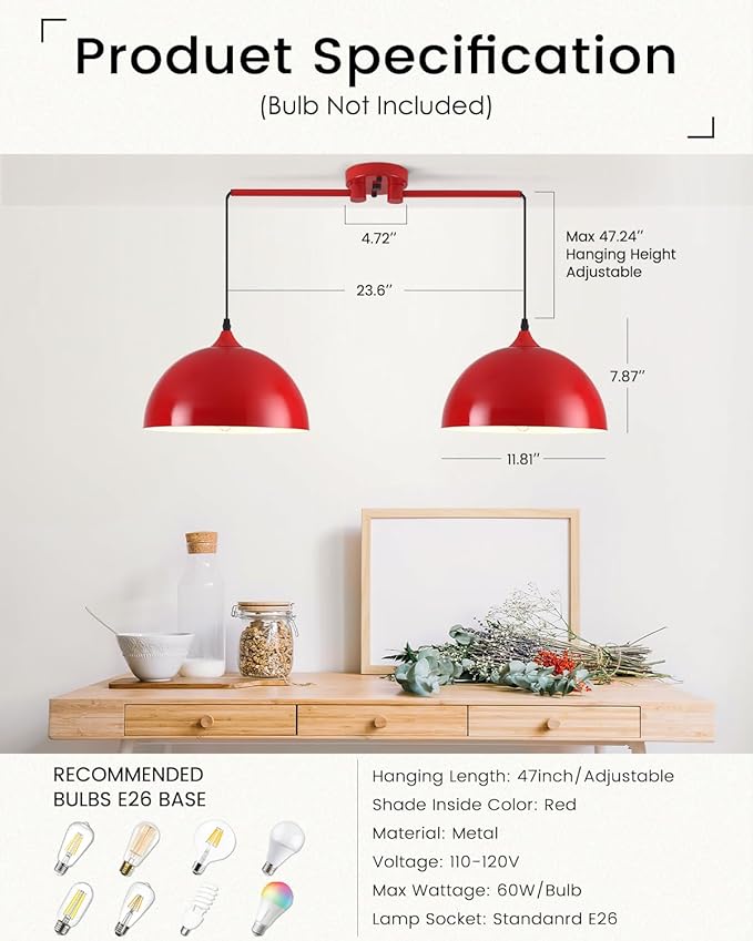 Pendant Lights Kitchen Island 2-Light, Red Dome Pendant Light, Modern Dining Room Light Fixture, Kitchen Island Lighting, Island Pendant Lights for Kitchen, Dining Room, Bar, Cafe