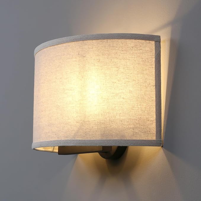 Yosoan 2-Light Linen Fabric Boho Hallway Wall Sconce Indoor Light Fixture, Dual Vintage Industrial Hardwired Half Moon Wall Lighting Semicircle Textile Shade for Bedroom Living Room Corridor Study