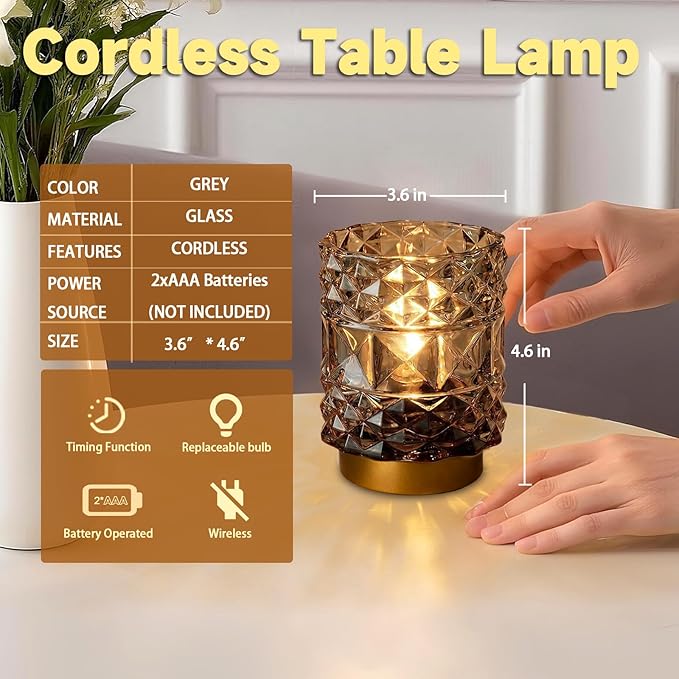 Battery Operated Lamp with Timer, Cordless Table Lamps for Shelf Decor, Rhombus Texture Aesthetic Crystal Lamp, Small Decorative Lamps for Bedroom/Bathroom/Kitchen/Entryway/Dorm (2 Pack Grey)