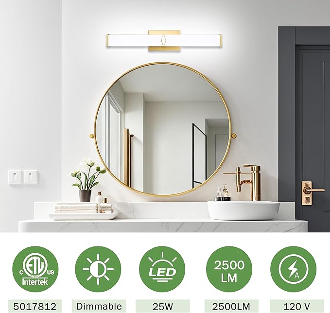 24 Inch Bathroom Vanity Light 2500LM, 5700K Daylight White Modern Bathroom Light Dimmable, AC 120V 25W Gold LED Vanity Lighting Fixtures Wall Sconce ETL Certified, 2Pack