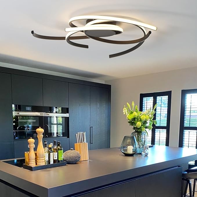 3 Lights Swirl Close to Ceiling Light Modern Dimmable LED Black Flush Mount Light Fixture,28 Inch Ceiling Light for Living Room Bedroom