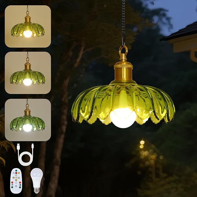 HMVPL Battery Operated Chandelier with Hook, Outdoor Battery Operated Pendant Light with Remote, Rechargeable Bulb, Green Outdoor Chandelier for Porch, Wireless Dimmable Gazebo Lamp for Patio Pergola