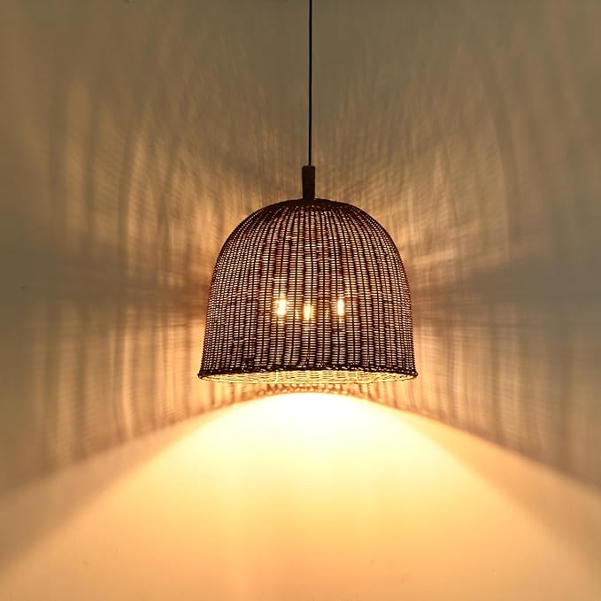 3-Light Dark Curry Rattan Pendant Light,17.7" Rustic Hanging Light,Brown Wicker Pendant Light Hand-Woven Rattan Chandelier for Workplace Restaurants Dining Living Kitchen Farmhouse