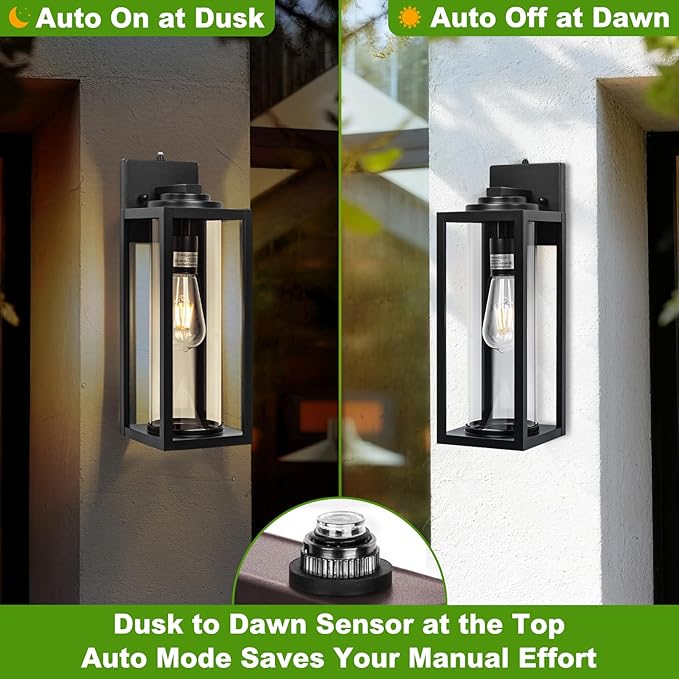 FILIYANO 20inch Dusk to Dawn Outdoor Wall Light Fixtures - 2 Packs Large Exterior Waterproof Lighting, Modern Porch Sconces Wall Mounted Lighting, Industrial Black Outside Lantern for Front Door
