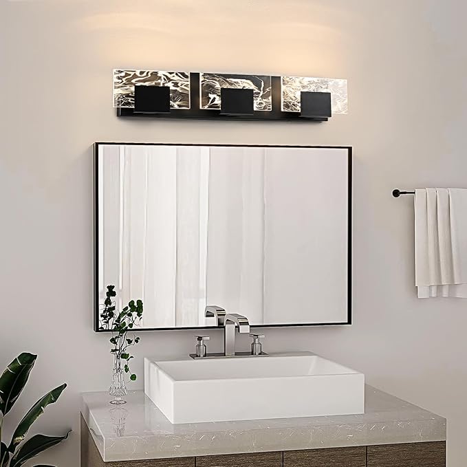 LED Bathroom Vanity Light: 24in Matte Black Acrylic Modern Lighting Fixtures - 3-Light Contemporary Smoke Design Wall Lights Fixture Over Mirror 3000K