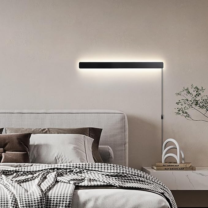 KELUOLY Modern Plug in Wall Sconces, 23.6 inch Frosted Black LED Long Wall Lights, 12W Warm White 3000K Acrylic Indoor Wall lamp,with 59" Plug Cable for Bedroom, Living Room, Bathroom Makeup, Hallway