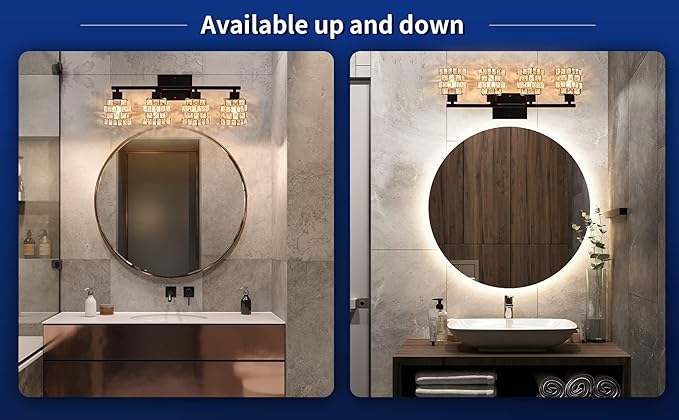 4 Lights Bathroom Vanity Light, Crystal Bathroom Light Fixture Over Mirror, Matte Black & Crystal Indoor Wall Lights | Chrome Glass Modern Lampshade for Sink, Mirror & Foyer Corridor