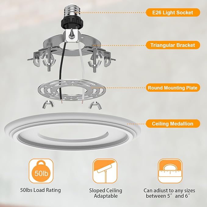 5 and 6 inch Recessed Can Light Conversion Kit, for Ceiling Light Fixture, Pendant Light, Hanging Light, Ceiling Fan, with 7’¾ Beveled & Flat, Steel, Medallion, White Finish