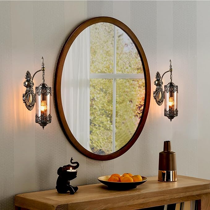 Rustic Wall Sconce with Amber Glass,Vintage Antique Gothic Wall Light Fixture E26 Mid Centry Lantern Bedside Sconces Wall Lighting for Living Room Bathroom Hallway Mirror