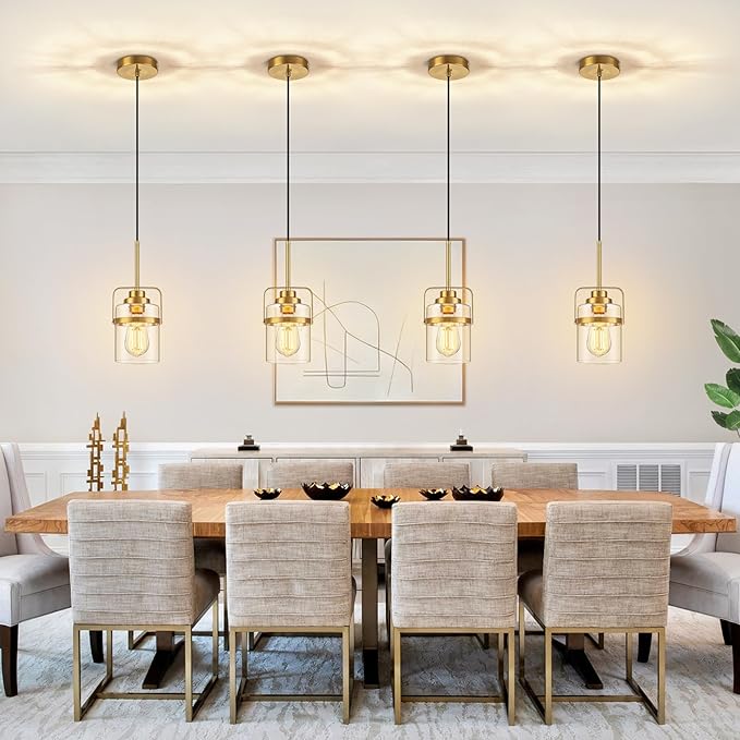 Modern Brass Pendant Lights Kitchen Island Light, Adjustable Hanging Light Fixture with Clear Glass Shade, Farmhouse Pendant Light for Dining Room Bar Over Sink/Table/Counter, 2 Pack