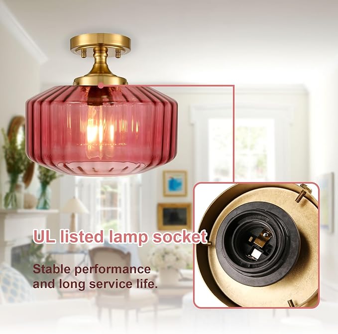 Gold Mid Century Modern Flush Mount Ceiling Light, 2-Pack Purple Ribbed Glass Close to Ceiling Lighting Fixture, Vintage Farmhouse Flush Mount Lamp for Bedroom Hallway Kitchen Laundry Room
