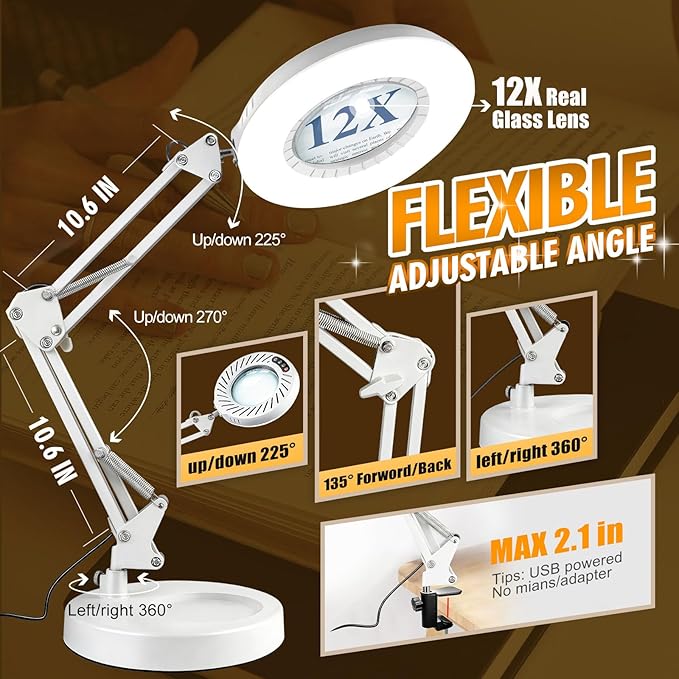 Toolastra 12X Magnifying Glass with Light and Stand, 144 LEDs Brightest Desktop Magnifying Lamp, 10 Dimmable Brightness 5 Color Modes, Hands Free Metal Desk Lamp for Craft Reading Painting (White)