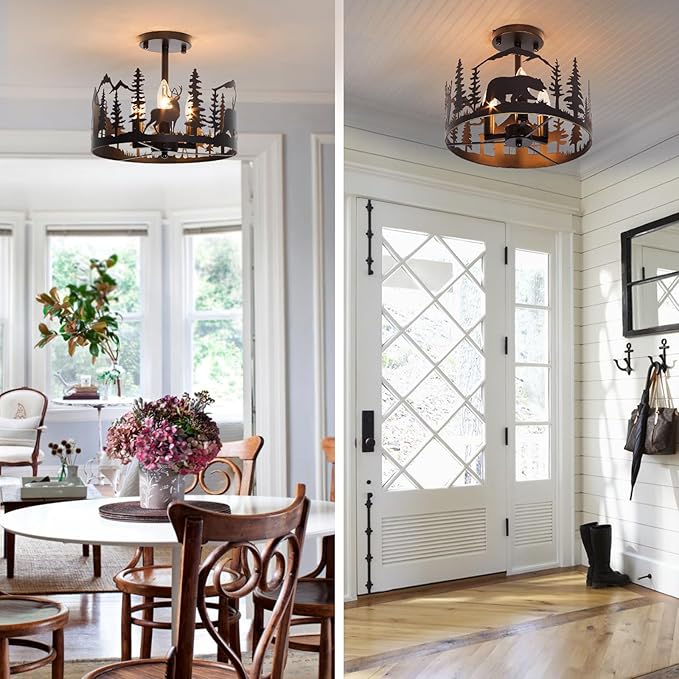 Rustic Farmhouse Semi-Flush Mount Ceiling Light Fixture,3-Light E12 Base Black Round Metal Light Fixtures for Kitchen, Foyer, Living Room, Industrial Style with Deer, Bear, and Tree Design-Rimless