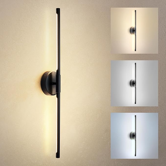 ASD LED 28" Linear Tube Wall Sconce, Modern Bathroom Light Bar | 3CCT, Dual 360° Rotatable, Dimmable, ETL Listed | 11W 1064LM 3000-5000K 100-277V | Bedroom, Hallway Vanity Lighting | Black