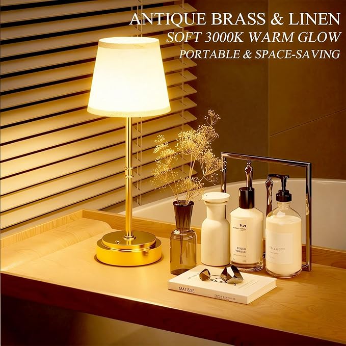 Rechargeable Cordless Table Lamp Gold - 1 Pack Brass 7500mAh Battery Operated Lamp, Small Antique Brass Aesthetic Desk Lamp for Kitchen Counter, Bathroom Vanity & Dining Room